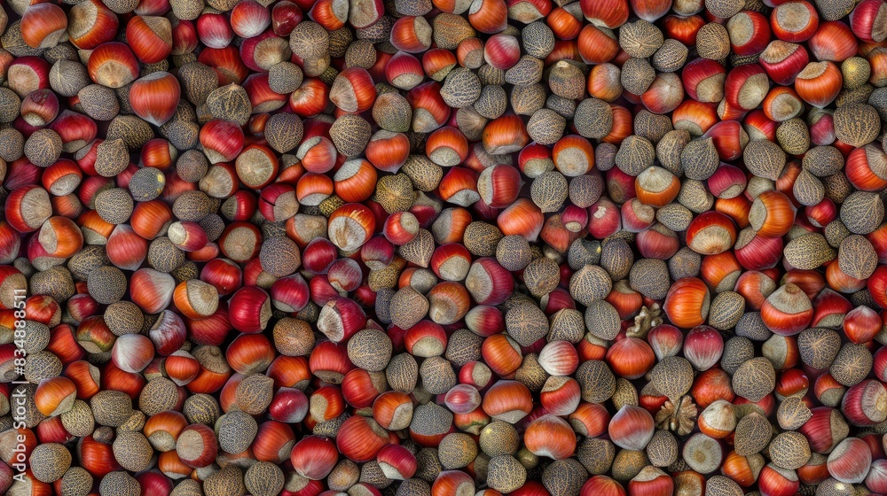 a background of hazelnuts with their shells, showcasing a large number of whole and shelled nuts arranged in an uncountable pattern. SEAMLESS PATTERN a background of hazelnuts with their shells, showcasing a large number of whole and shelled nuts arranged in an uncountable pattern. SEAMLESS PATTERN