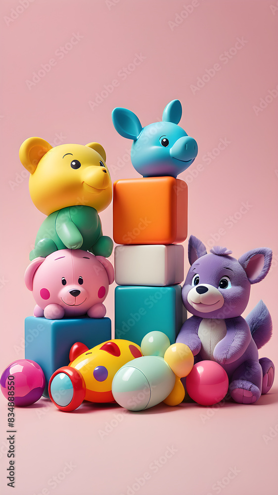 A lot of toys on a pink background, stuffed animals, rabbit, giraffe, bear A lot of toys on a pink background, stuffed animals, rabbit, giraffe, bear
