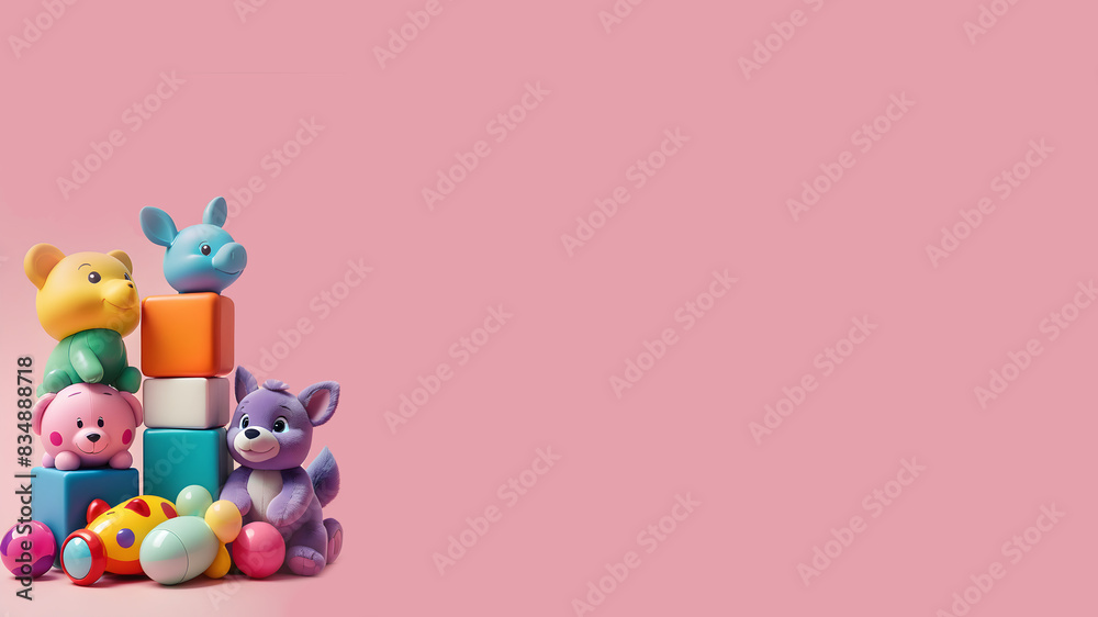 Fototapeta premium Toys on a pink background, stuffed animals, rabbits, giraffes, bears, with some space on the right to write text