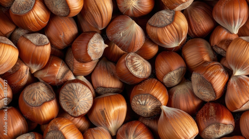 a background of hazelnuts with their shells, showcasing a large number of whole and shelled nuts arranged in an uncountable pattern. SEAMLESS PATTERN a background of hazelnuts with their shells, showcasing a large number of whole and shelled nuts arranged in an uncountable pattern. SEAMLESS PATTERN