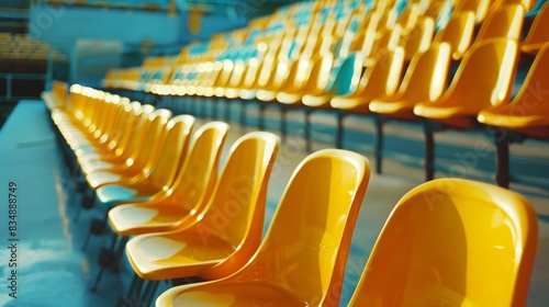 Empty plastic yellow seats at stadium  open door sports arena.