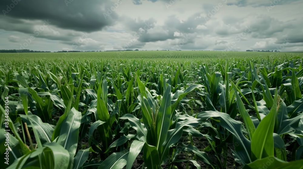 Obraz premium Large field of corn crops under a cloudy sky, casting shadows on the dark green leaves.