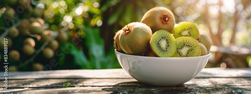 kiwi in a white bowl on a wooden table nature background. Selective focus