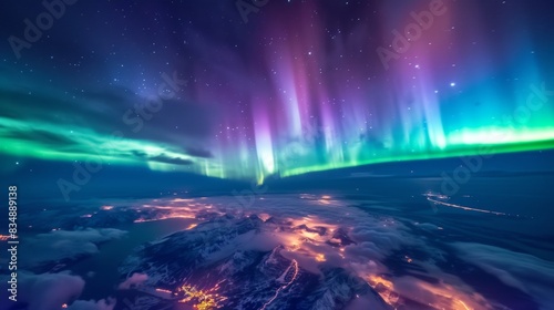 City lights with beautiful aurora northern lights in night sky with snow forest in winter.