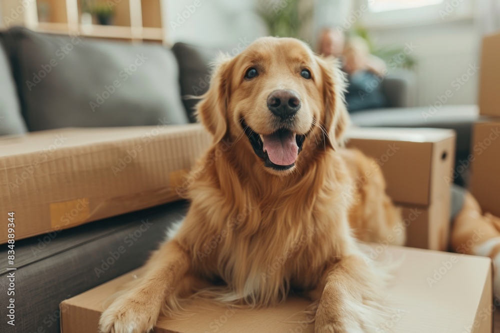 Happy family with dogs moving to new apartment pet puppy at home boxes package buy property relocation exploring house furniture help rent owner beautiful domestic dog donation charity having fun