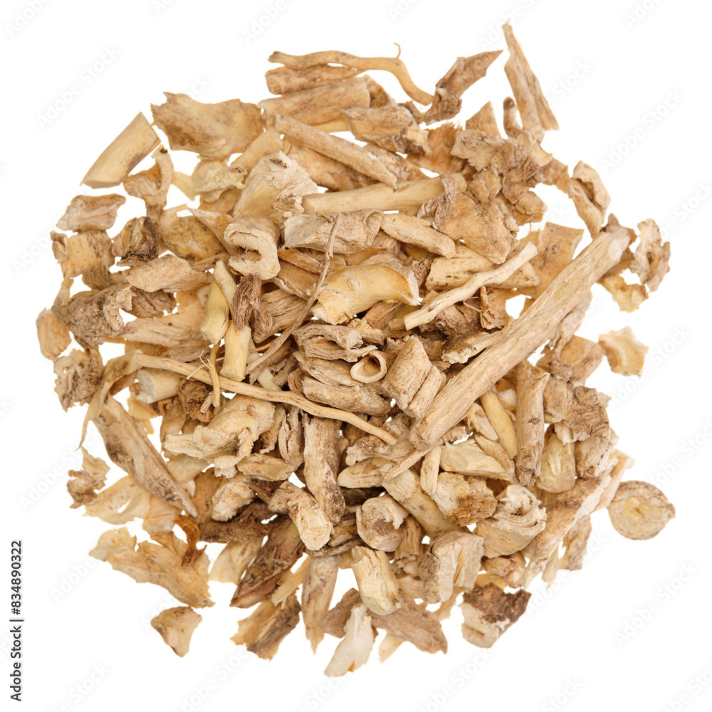 Overhead view of dried dictamnus albus root (burning bush), isolated on white background Overhead view of dried dictamnus albus root (burning bush), isolated on white background