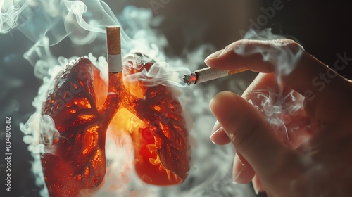 Smoker hand holding a smoking cigarette next to lungs full of smoke representing the danger of smoking for health photo