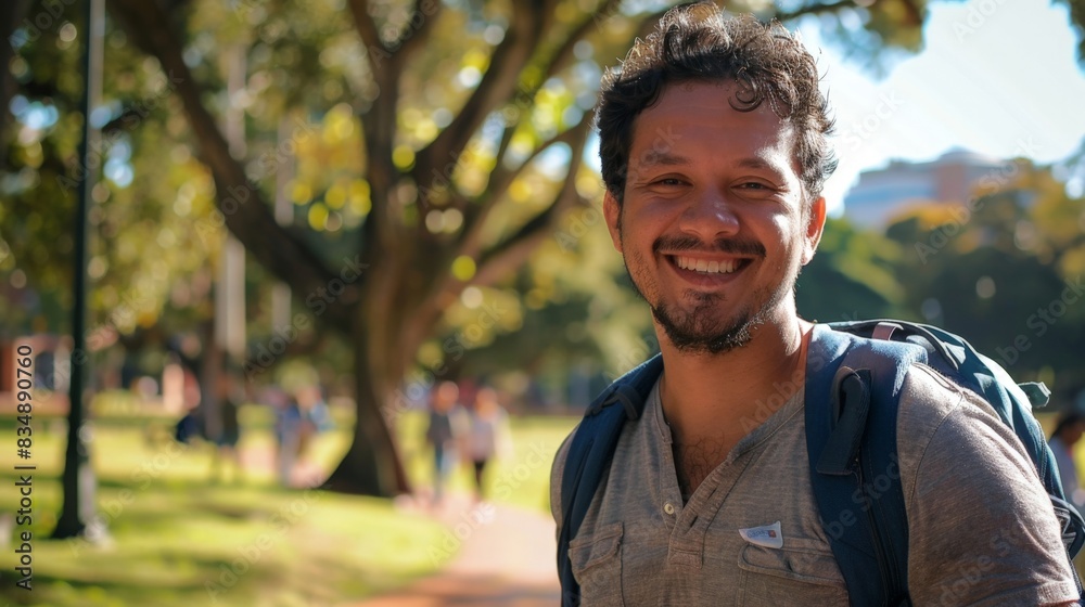 Smiling Man with Backpack Enjoying Sunny Day in Lush Park Setting, horizontal banner with copy space