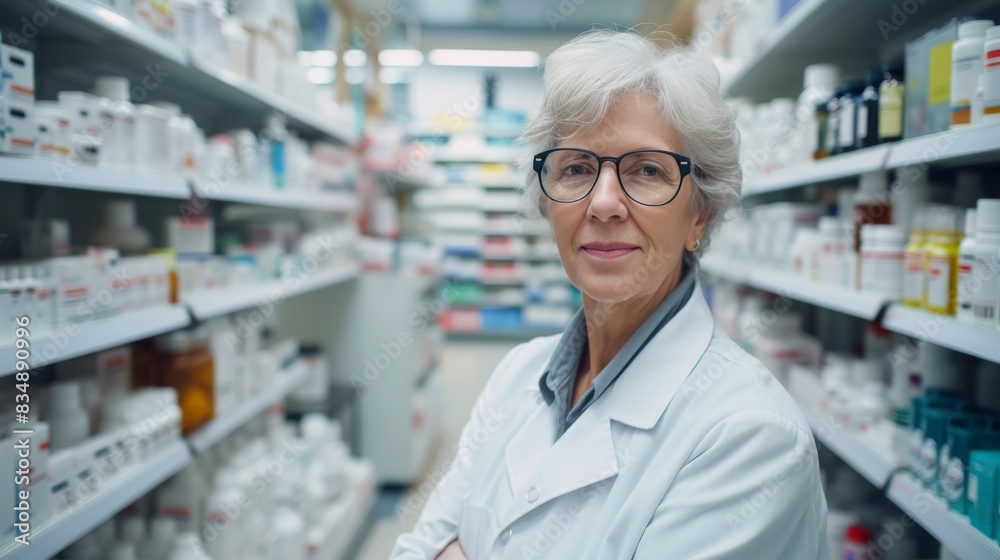 Portrait of a female smiling pharmacist in a drug store Portrait of a female smiling pharmacist in a drug store