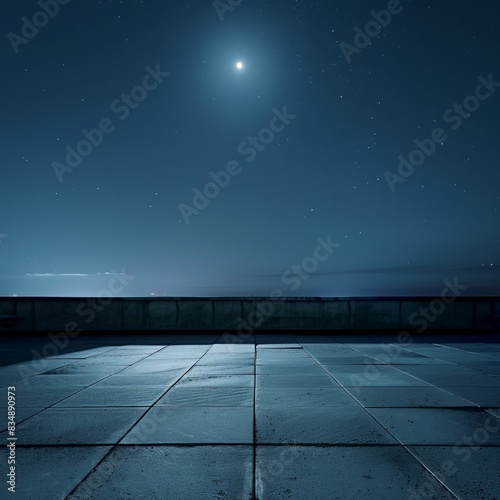 Moonlit night sky over an empty, tiled patio. Calm, serene atmosphere showcasing the beauty of celestial bodies and solitude under the stars.