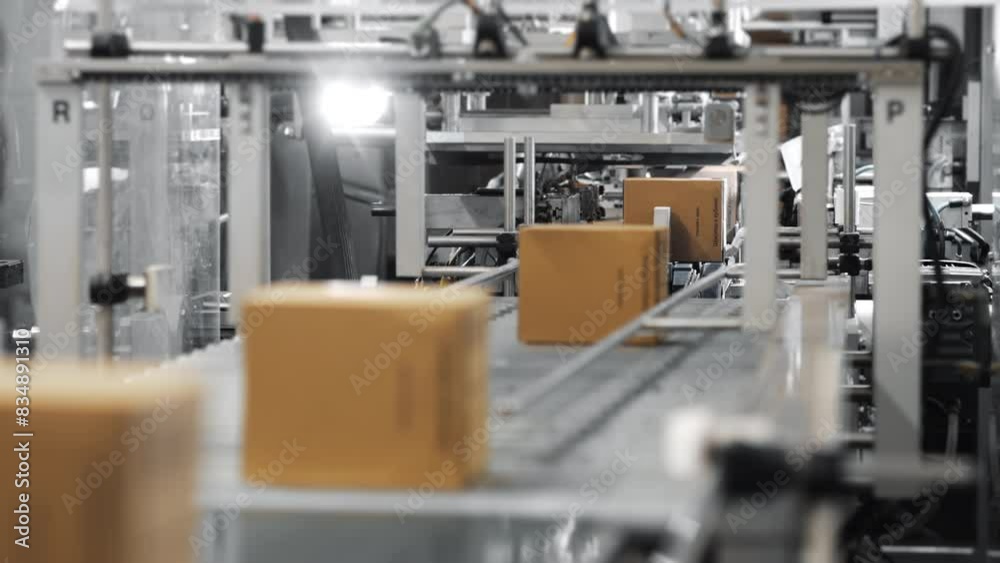 Automated production conveyor line at the modern factory. Carrying the cartons on the production conveyor line. Carton boxes transported on the production conveyor line. Machinery mechanism.