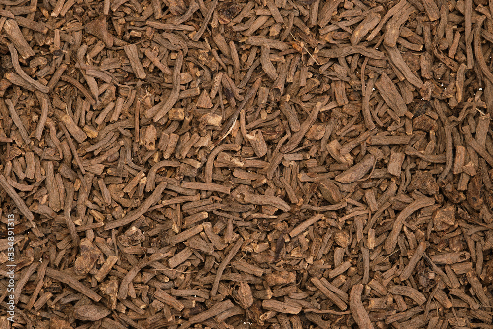 Overhead view of dried valerian root (Valeriana officinalis, Radix valerianae)