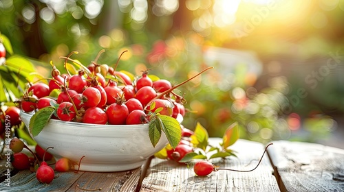 rose hips in a white bowl on a wooden table nature background. Selective focus photo