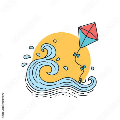 kite surfs and fun waves and splash against the sun illustration
