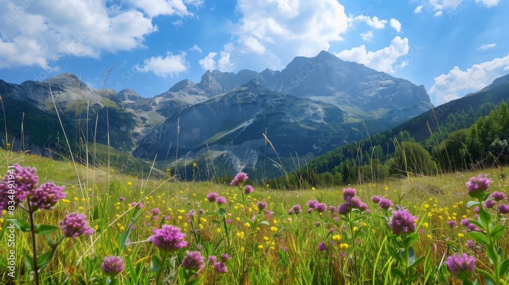 Mountain landscape with healing herbs, illustrating nature's bounty and healing.