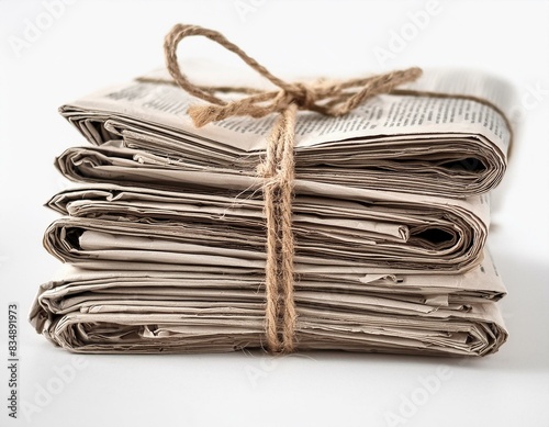 Stack of newspapers tied with string isolated on white background, cut out