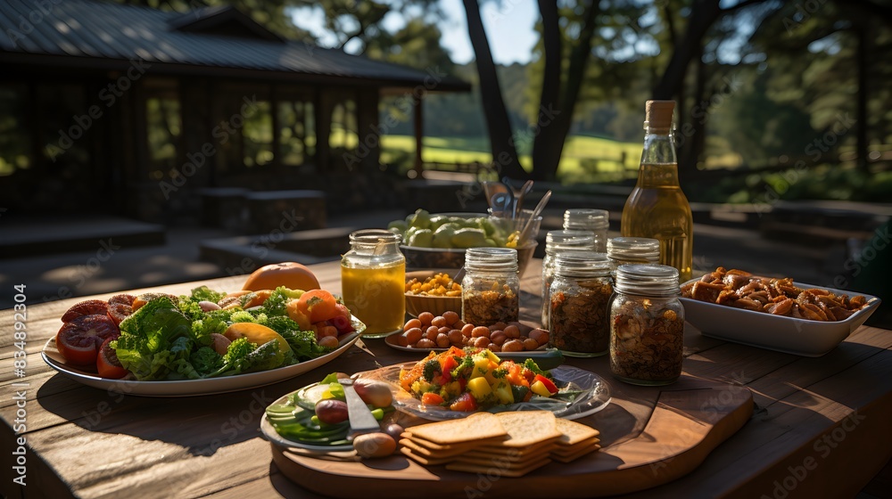 Picnic area with blankets and snacks, family gathering setup Picnic area with blankets and snacks, family gathering setup