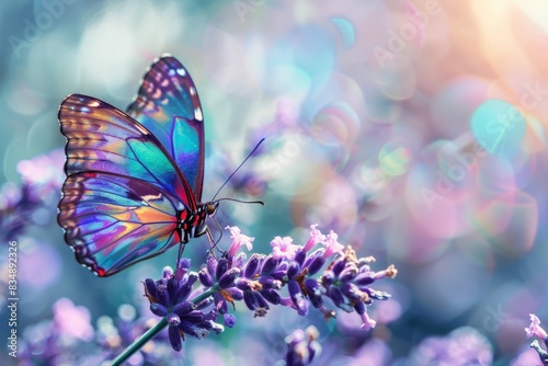 Wallpaper Mural A colorful butterfly perched on a blooming lavender plant, with a blurred background of a spring garden in full bloom  Torontodigital.ca