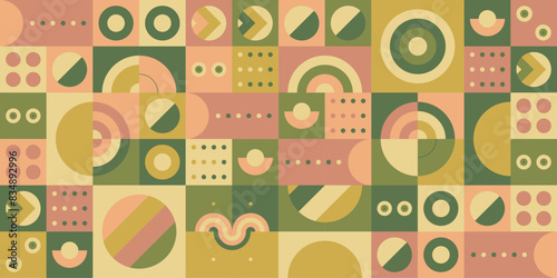Abstract shapes and geometric seamless patterns. Square, triangle, diamond, leaf, circle, and semicircle shapes. Colorful vector illustration.	
