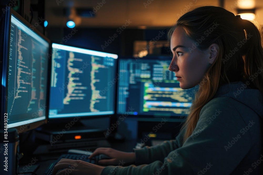 Female Programmer Engaged in Complex Coding Task Female Programmer Engaged in Complex Coding Task