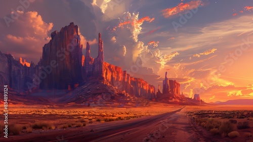 A dramatic desert road at sunset, with towering rock formations and the sky ablaze with rich, warm colors 