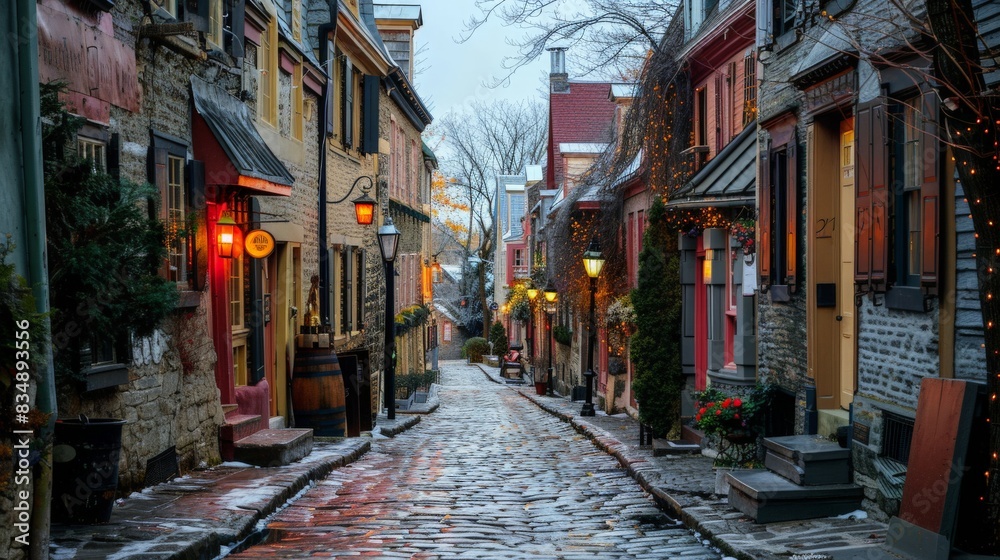Obraz premium A historic cobblestone street in a charming old town, with quaint buildings, street lamps, and a nostalgic feel 
