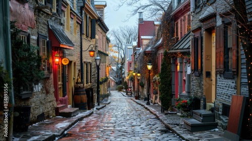 A historic cobblestone street in a charming old town, with quaint buildings, street lamps, and a nostalgic feel 