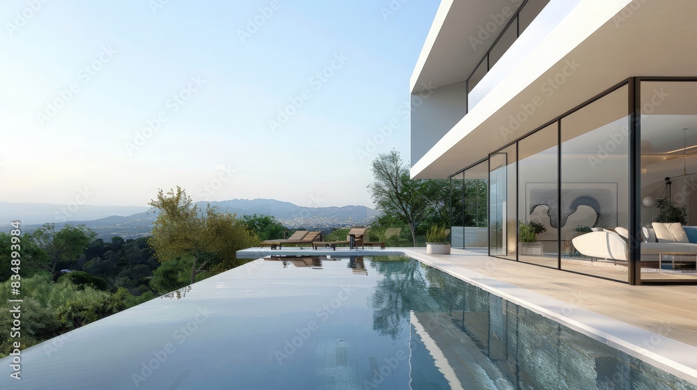 Fototapeta premium A luxury villa with an infinity pool, expansive glass walls, and a stunning view of the surrounding landscape, epitomizing modern elegance 
