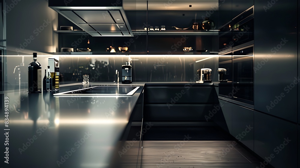 Contemporary kitchen space in a modern home featuring minimalistic cabinets and sleek hanging shelf cupboards, home interior concept Contemporary kitchen space in a modern home featuring minimalistic cabinets and sleek hanging shelf cupboards, home interior concept