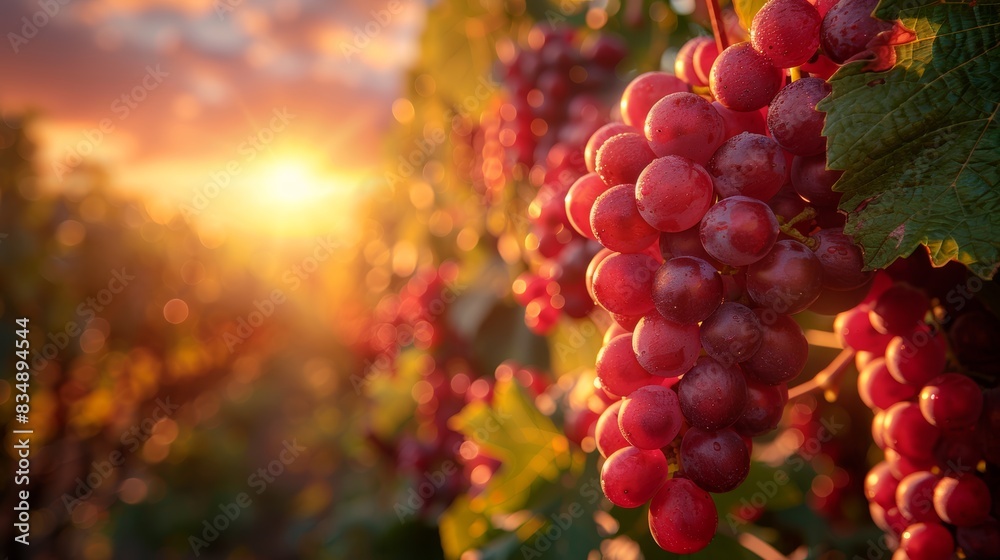 Fototapeta premium Close-up of succulent red grapes on the vine, illuminated by the warm light of the setting sun