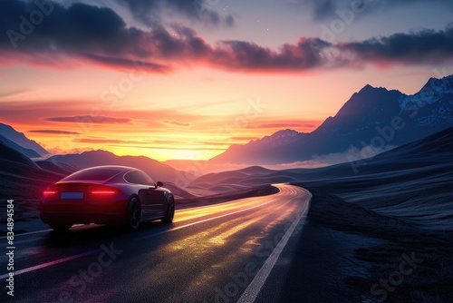 Sunset Serenity: Car Resting Near Mountain Majesty