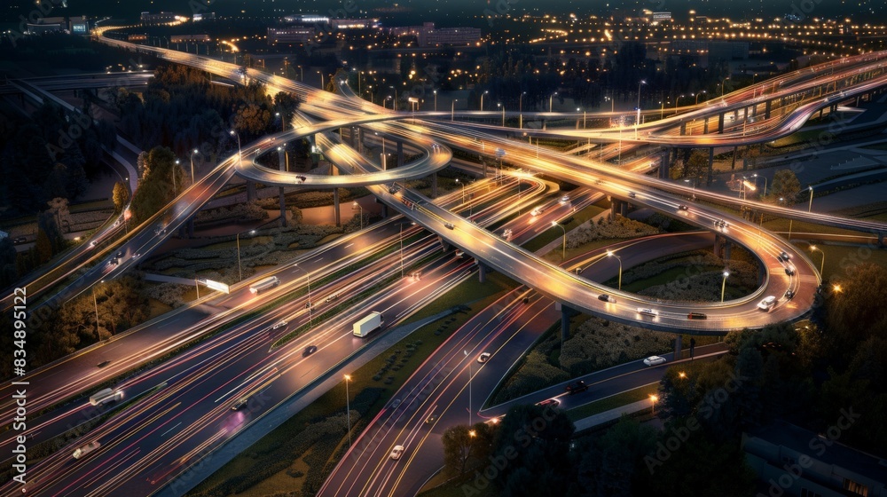 A modern highway interchange at dusk, with a complex network of overpasses and the glow of streetlights and car headlights 