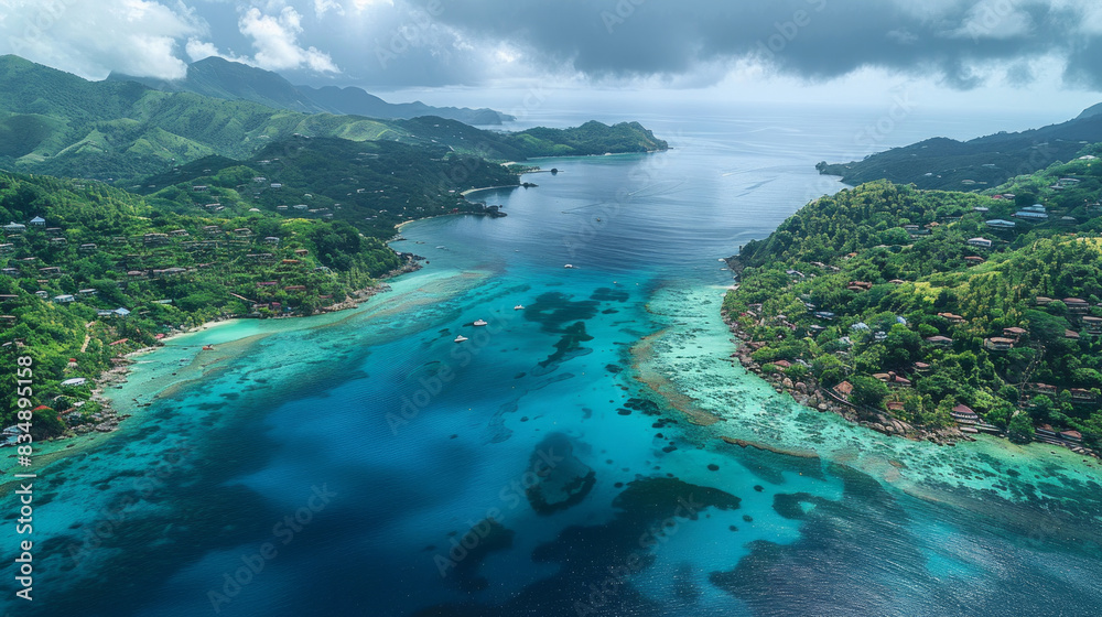 A breathtaking aerial view of a vibrant and lush coastal landscape with clear blue waters A breathtaking aerial view of a vibrant and lush coastal landscape with clear blue waters