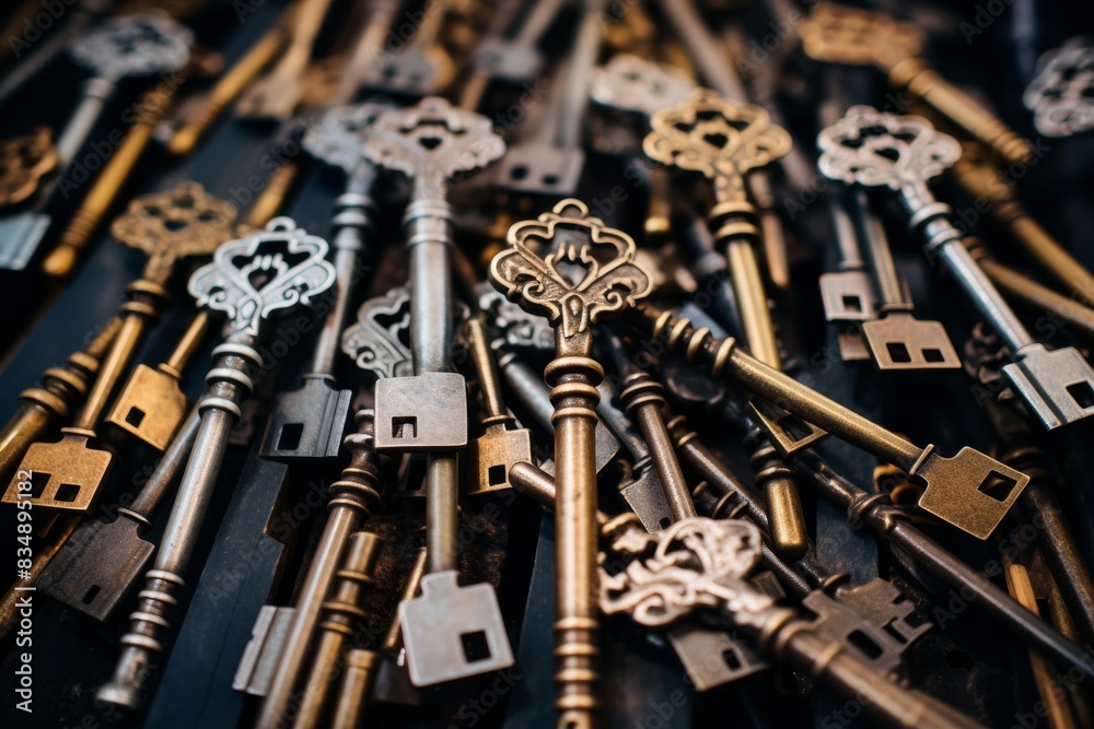 Fototapeta premium Antique Collection Of Various Skeleton Keys In A Vintage Arrangement. Generative AI