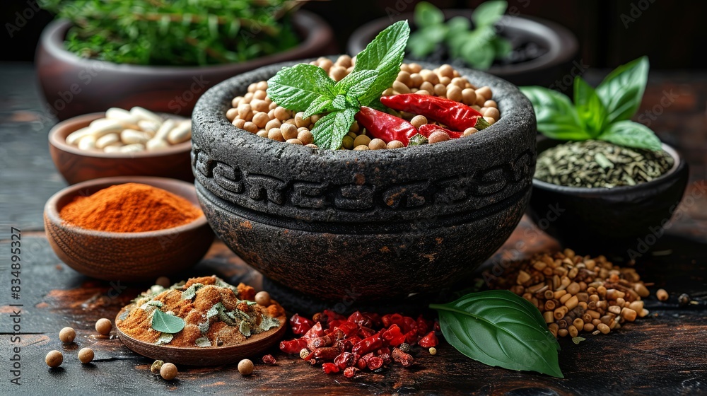 A collection of spices, including chickpeas, chili, and herbs displayed in stone bowls, with a focus on texture and color A collection of spices, including chickpeas, chili, and herbs displayed in stone bowls, with a focus on texture and color