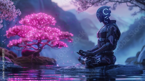 A futuristic scene of a cyborg samurai meditating in a zen garden with neon bonsai trees, blending traditional and modern elements, ideal for sci-fi covers or art prints