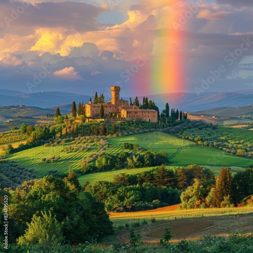 A picturesque Tuscany landscape with a rainbow overhead, centered on a traditional castle amidst lush green vineyards