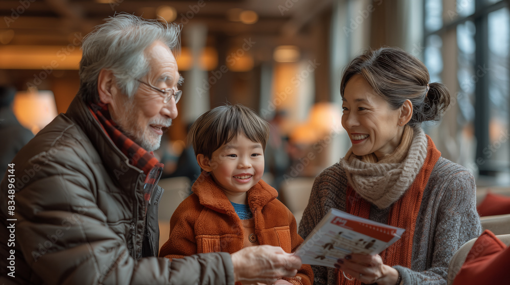 Elderly persons holding up greeting cards inside a hotel lobby Elderly persons holding up greeting cards inside a hotel lobby