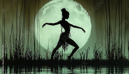 Silhouette of a woman dancing under a full moon in a swampy forest.