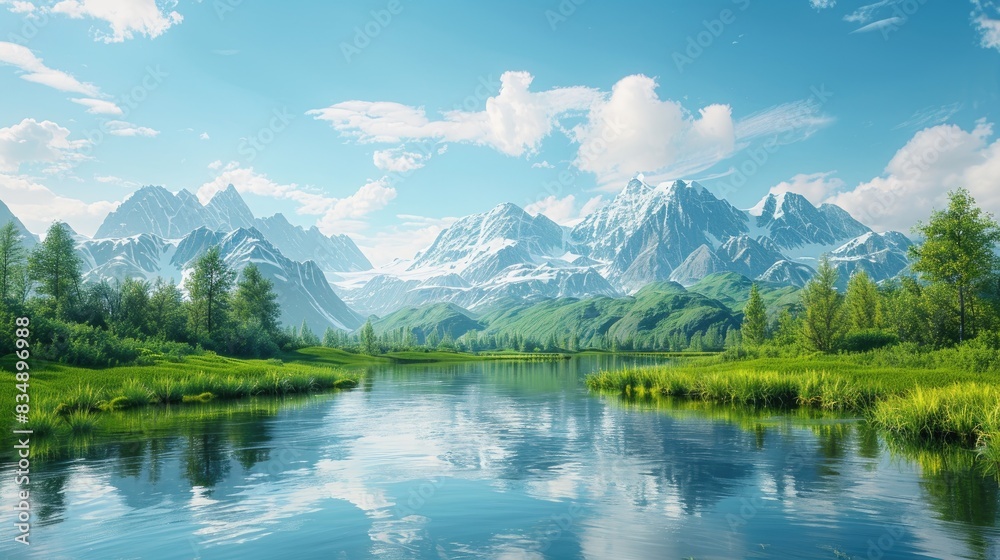 Fototapeta premium A stunning mountain landscape reflected in a tranquil lake surrounded by lush greenery and a bright blue sky