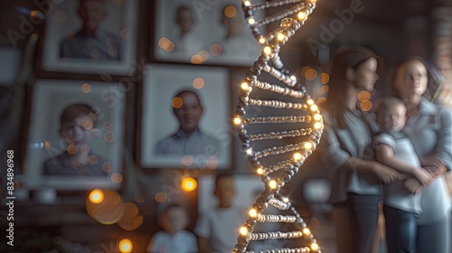 DNA Helix and Family Portraits A DNA helix with illuminated lights, symbolizing human connection and genetics, in front of various family portraits, showcasing the connection between science and fami photo