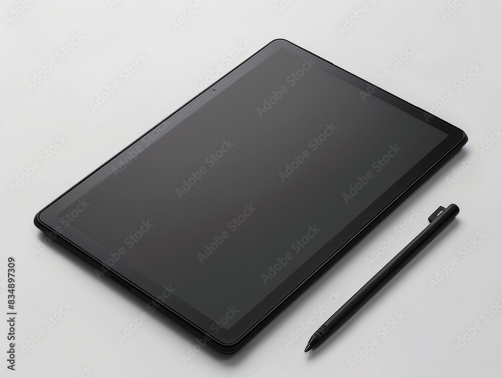A sophisticated graphic tablet with a stylus, placed on a simple backdrop. A sophisticated graphic tablet with a stylus, placed on a simple backdrop.
