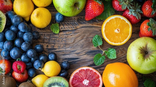 Fresh Fruits Fresh fruits on a rustic table with a text area  top view  showcasing the abundance and beauty of fresh produce