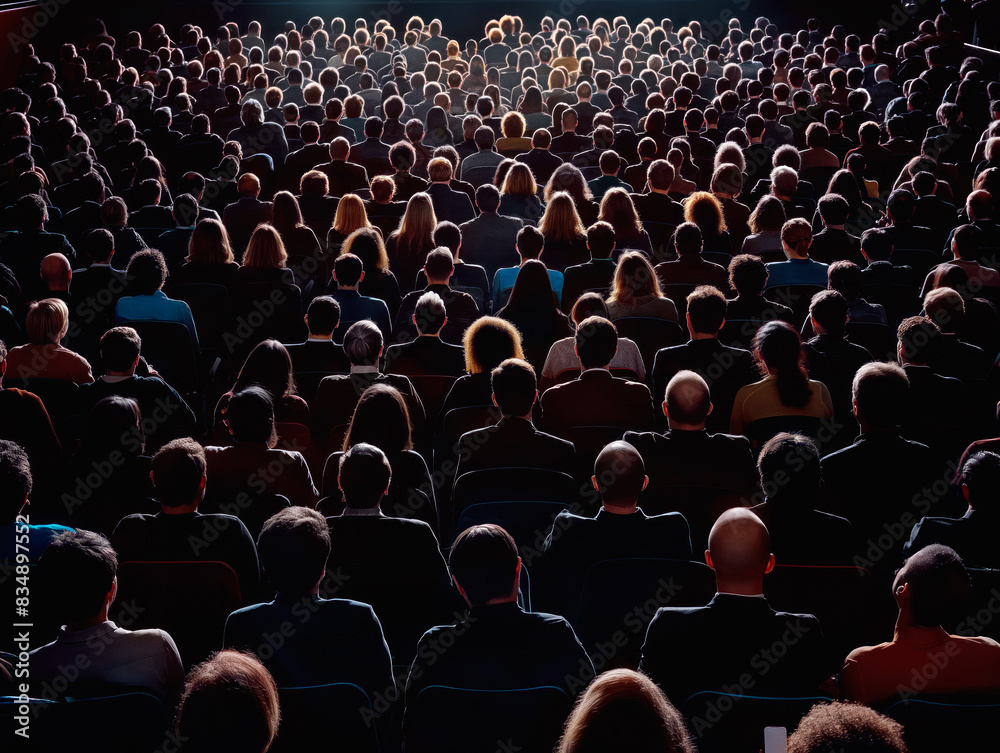 Obraz premium Audience seated in a theater looking towards a stage, dark and black predominant, capturing the concept of a crowd at an event. Generative AI