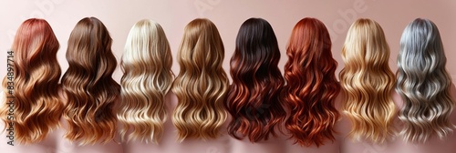 An array of colorful wigs featuring wavy hairstyles in a variety of vibrant hues. photo