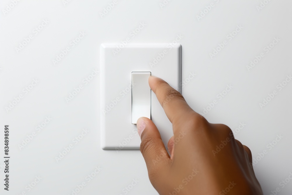 A hand is flipping a light switch on a white wall, representing the concept of turning on or off electricity. Close-up view, minimalistic background. A hand is flipping a light switch on a white wall, representing the concept of turning on or off electricity. Close-up view, minimalistic background.