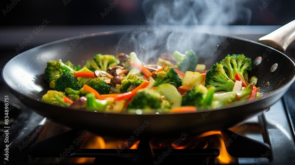 A sizzling pan of freshly stir-fried vegetables, including broccoli, carrots, and mushrooms, with steam rising, on a stovetop. A sizzling pan of freshly stir-fried vegetables, including broccoli, carrots, and mushrooms, with steam rising, on a stovetop.