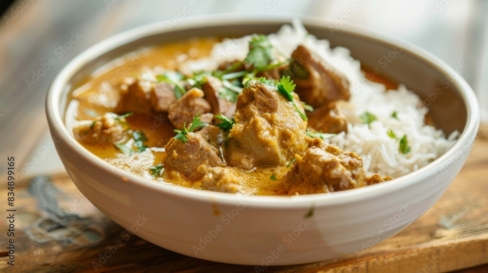 A bowl of korma curry with tender pieces of meat in a creamy, spiced sauce, served with steamed rice.