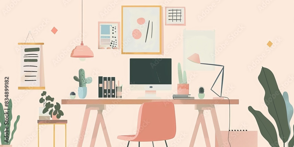 A cozy home office with a mid-century modern desk, a comfortable chair, and a few plants to add a touch of nature. A cozy home office with a mid-century modern desk, a comfortable chair, and a few plants to add a touch of nature.