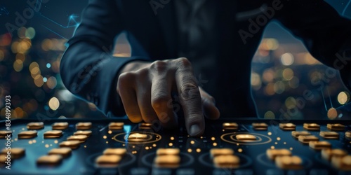 Close-up of a person's hand adjusting the knobs on a sound mixer.